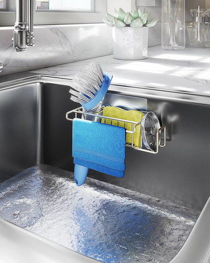 4 in 1 Sink Caddy Sponge Holder, SUS304 Stainless Steel Kitchen Brush Holder and Dish Cloth Hanger, Kitchen Organizers and Storage Essentials - Silver