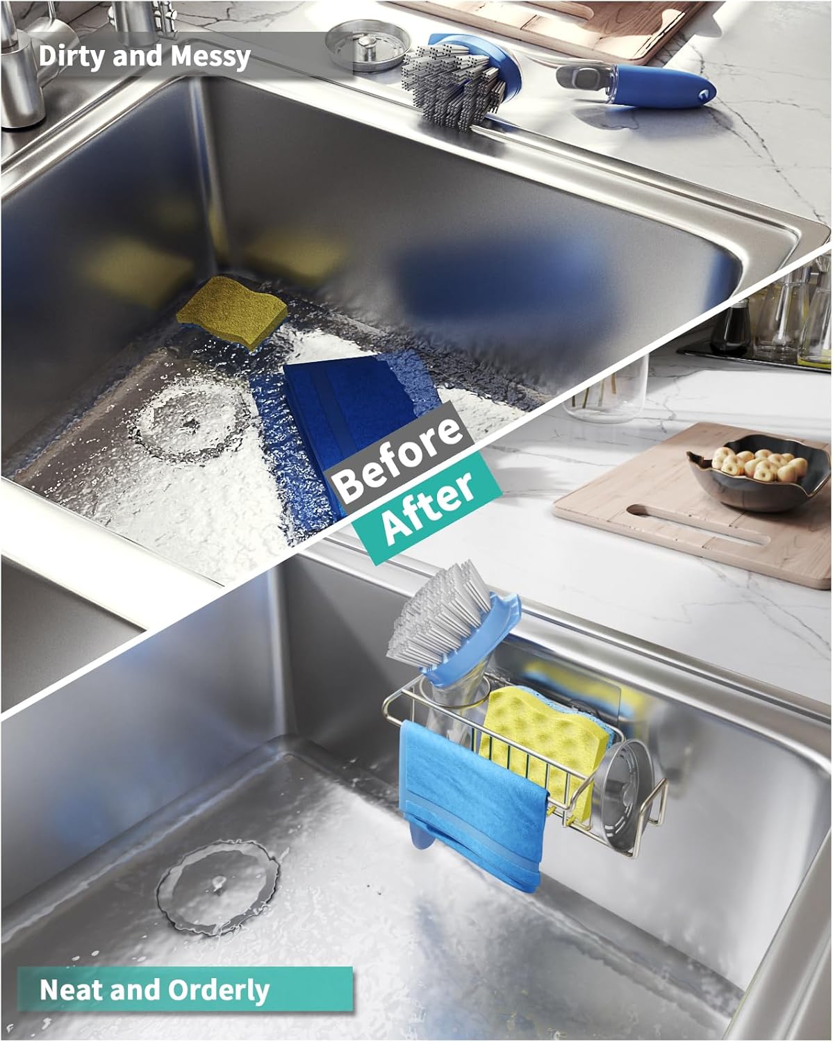4 in 1 Sink Caddy Sponge Holder, SUS304 Stainless Steel Kitchen Brush Holder and Dish Cloth Hanger, Kitchen Organizers and Storage Essentials - Silver