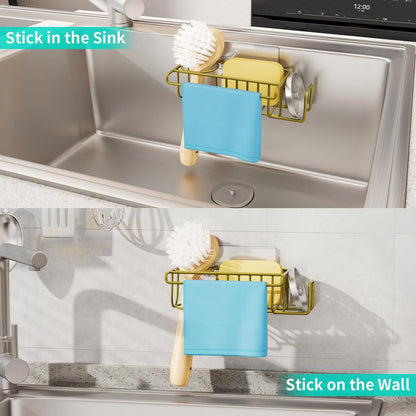 4 in 1 Sink Caddy Sponge Holder, SUS304 Stainless Steel Kitchen Brush Holder and Dish Cloth Hanger, Kitchen Organizers and Storage Essentials - Silver
