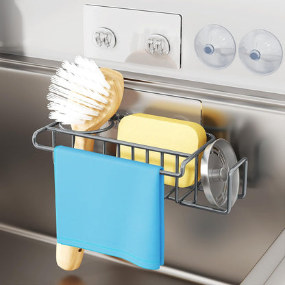 4 in 1 Sink Caddy Sponge Holder, SUS304 Stainless Steel Kitchen Brush Holder and Dish Cloth Hanger, Kitchen Organizers and Storage Essentials - Silver