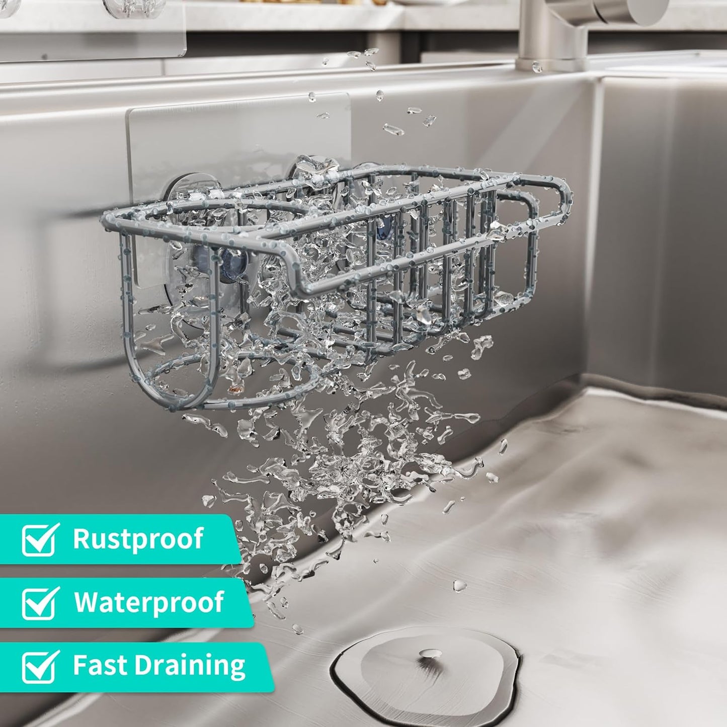 4 in 1 Sink Caddy Sponge Holder, SUS304 Stainless Steel Kitchen Brush Holder and Dish Cloth Hanger, Kitchen Organizers and Storage Essentials - Silver