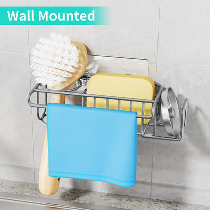 4 in 1 Sink Caddy Sponge Holder, SUS304 Stainless Steel Kitchen Brush Holder and Dish Cloth Hanger, Kitchen Organizers and Storage Essentials - Silver