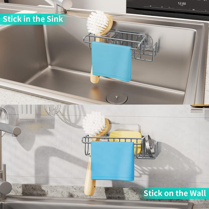 4 in 1 Sink Caddy Sponge Holder, SUS304 Stainless Steel Kitchen Brush Holder and Dish Cloth Hanger, Kitchen Organizers and Storage Essentials - Silver