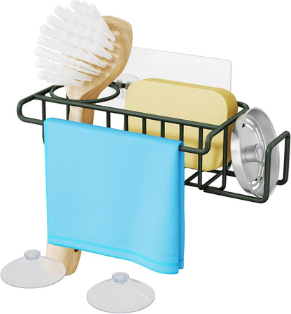 4 in 1 Sink Caddy Sponge Holder, SUS304 Stainless Steel Kitchen Brush Holder and Dish Cloth Hanger, Kitchen Organizers and Storage Essentials - Silver