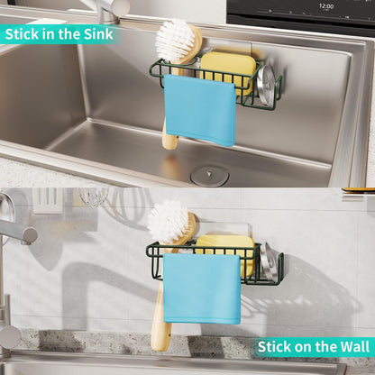 4 in 1 Sink Caddy Sponge Holder, SUS304 Stainless Steel Kitchen Brush Holder and Dish Cloth Hanger, Kitchen Organizers and Storage Essentials - Silver