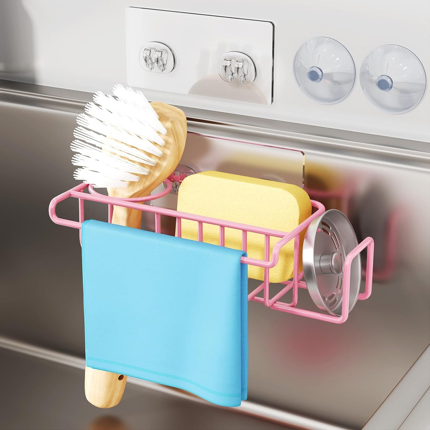 4 in 1 Sink Caddy Sponge Holder, SUS304 Stainless Steel Kitchen Brush Holder and Dish Cloth Hanger, Kitchen Organizers and Storage Essentials - Silver
