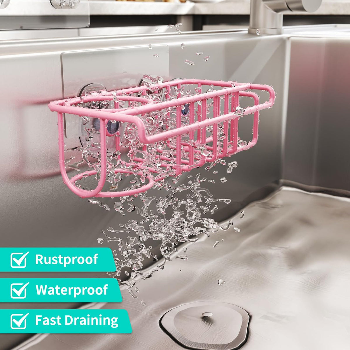 4 in 1 Sink Caddy Sponge Holder, SUS304 Stainless Steel Kitchen Brush Holder and Dish Cloth Hanger, Kitchen Organizers and Storage Essentials - Silver