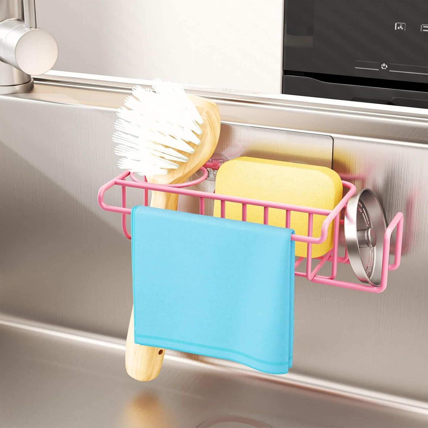 4 in 1 Sink Caddy Sponge Holder, SUS304 Stainless Steel Kitchen Brush Holder and Dish Cloth Hanger, Kitchen Organizers and Storage Essentials - Silver