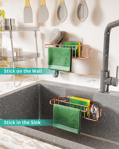 4 in 1 Sink Caddy Sponge Holder, SUS304 Stainless Steel Kitchen Brush Holder and Dish Cloth Hanger, Kitchen Organizers and Storage Essentials - Silver