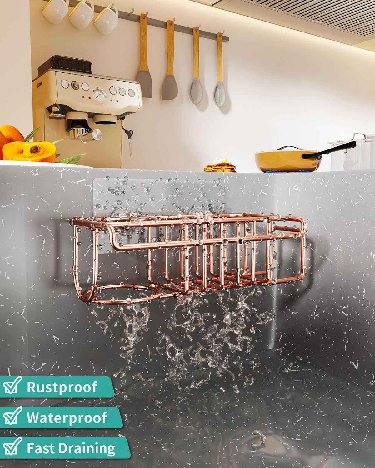 4 in 1 Sink Caddy Sponge Holder, SUS304 Stainless Steel Kitchen Brush Holder and Dish Cloth Hanger, Kitchen Organizers and Storage Essentials - Silver