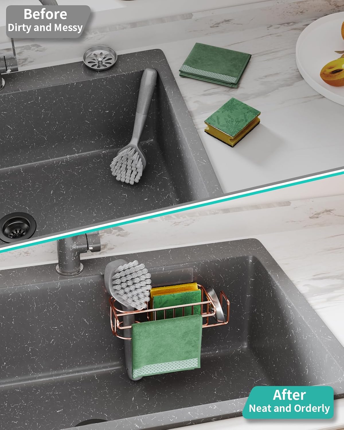4 in 1 Sink Caddy Sponge Holder, SUS304 Stainless Steel Kitchen Brush Holder and Dish Cloth Hanger, Kitchen Organizers and Storage Essentials - Silver