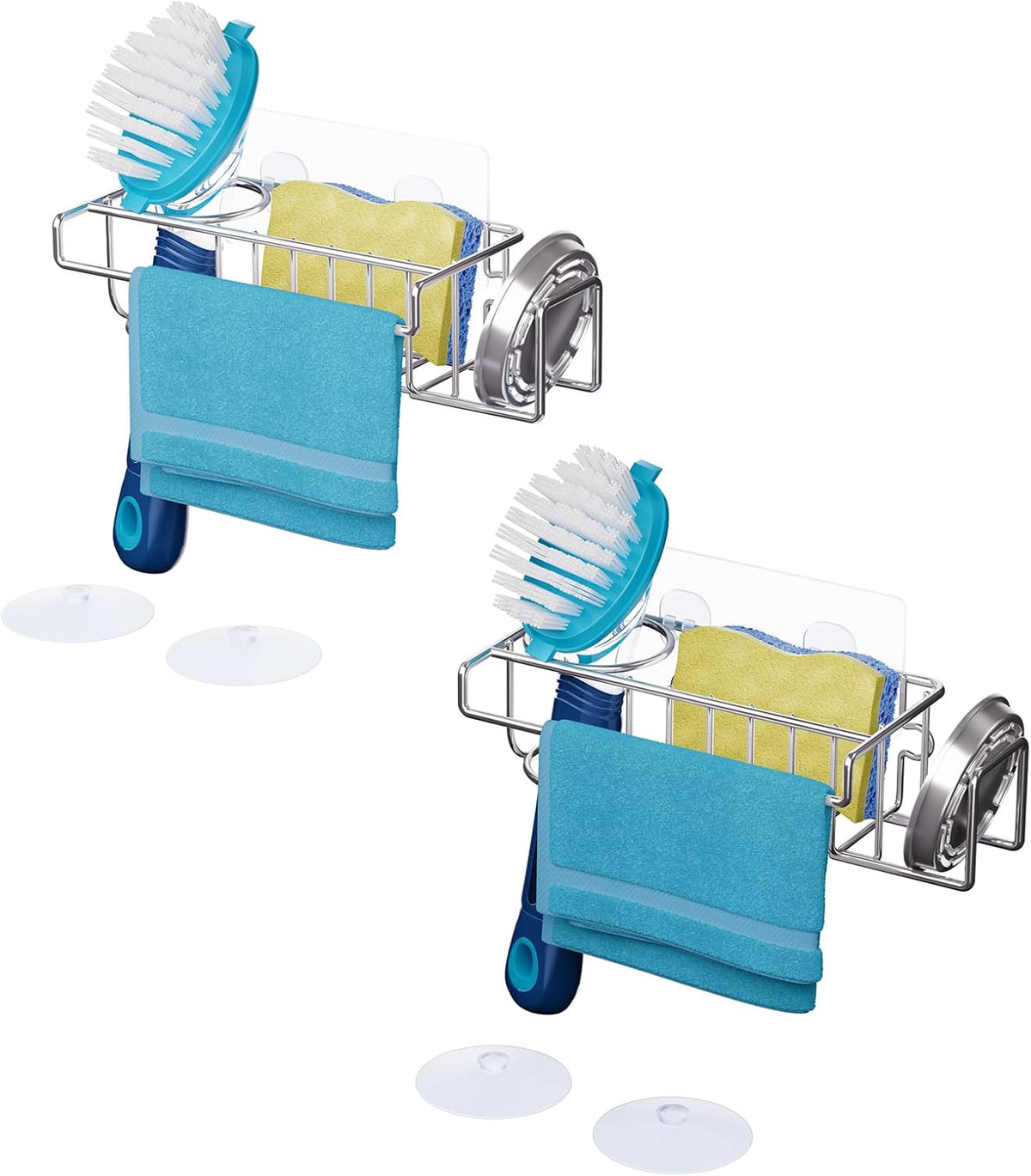 4 in 1 Sink Caddy Sponge Holder, SUS304 Stainless Steel Kitchen Brush Holder and Dish Cloth Hanger, Kitchen Organizers and Storage Essentials - Silver
