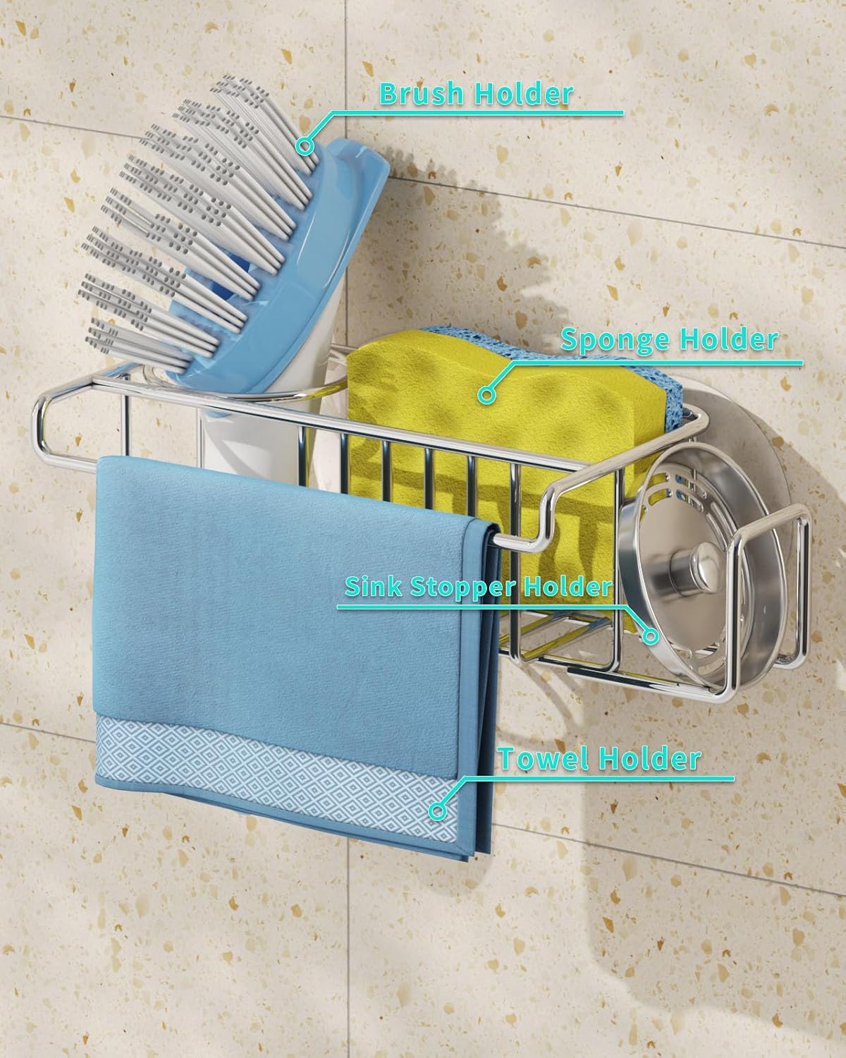 4 in 1 Sink Caddy Sponge Holder, SUS304 Stainless Steel Kitchen Brush Holder and Dish Cloth Hanger, Kitchen Organizers and Storage Essentials - Silver