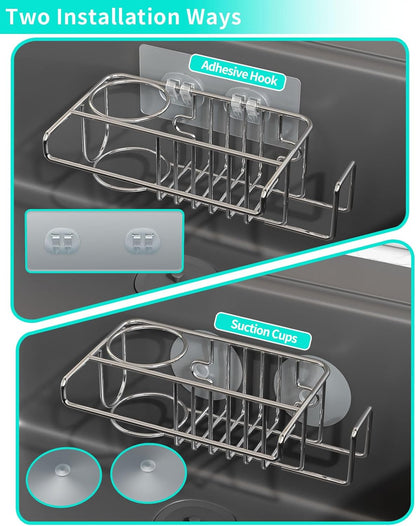 4 in 1 Sink Caddy Sponge Holder, SUS304 Stainless Steel Kitchen Brush Holder and Dish Cloth Hanger, Kitchen Organizers and Storage Essentials - Silver