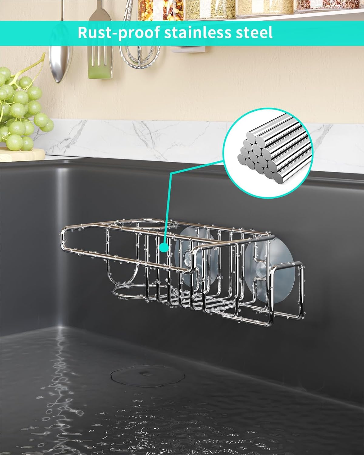 4 in 1 Sink Caddy Sponge Holder, SUS304 Stainless Steel Kitchen Brush Holder and Dish Cloth Hanger, Kitchen Organizers and Storage Essentials - Silver