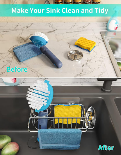 4 in 1 Sink Caddy Sponge Holder, SUS304 Stainless Steel Kitchen Brush Holder and Dish Cloth Hanger, Kitchen Organizers and Storage Essentials - Silver