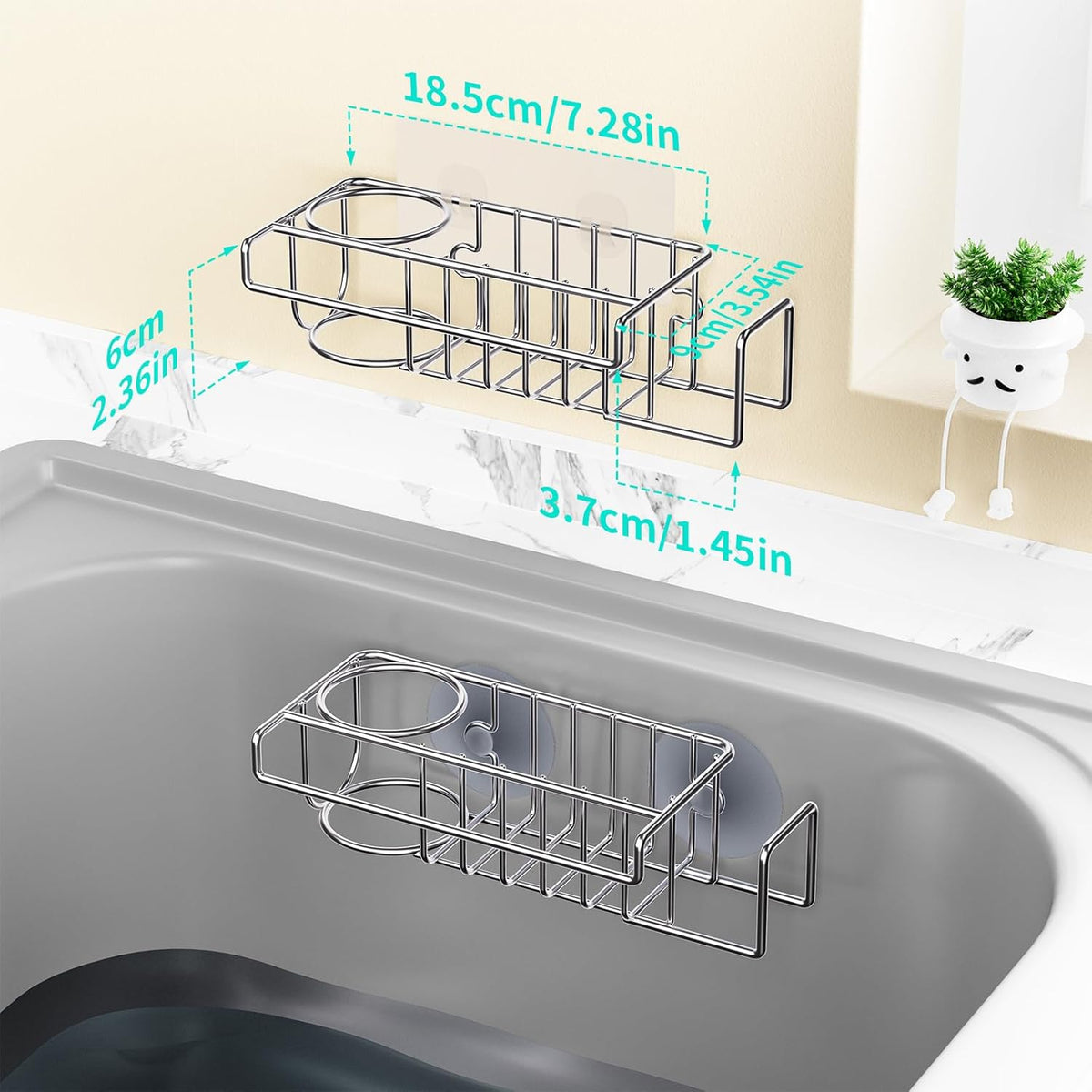 4 in 1 Sink Caddy Sponge Holder, SUS304 Stainless Steel Kitchen Brush Holder and Dish Cloth Hanger, Kitchen Organizers and Storage Essentials - Silver