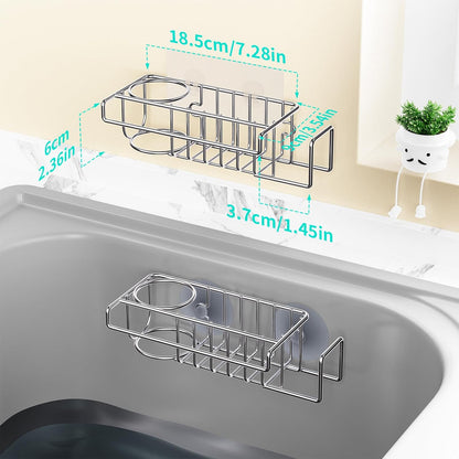 4 in 1 Sink Caddy Sponge Holder, SUS304 Stainless Steel Kitchen Brush Holder and Dish Cloth Hanger, Kitchen Organizers and Storage Essentials - Silver