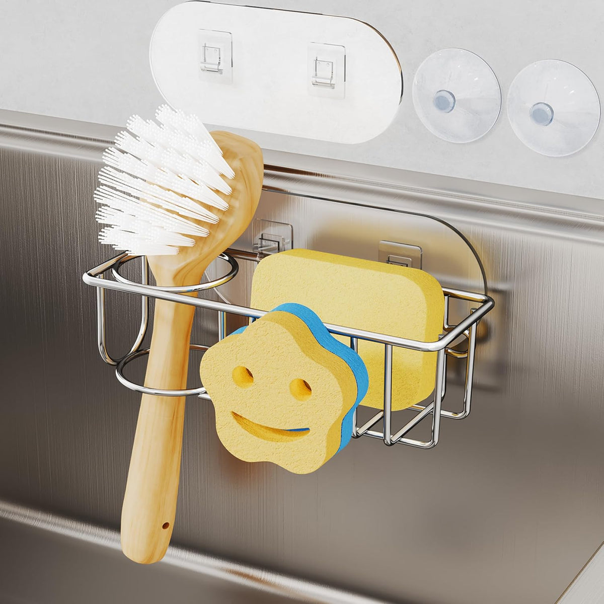4 in 1 Sink Caddy Sponge Holder, SUS304 Stainless Steel Kitchen Brush Holder and Dish Cloth Hanger, Kitchen Organizers and Storage Essentials - Silver