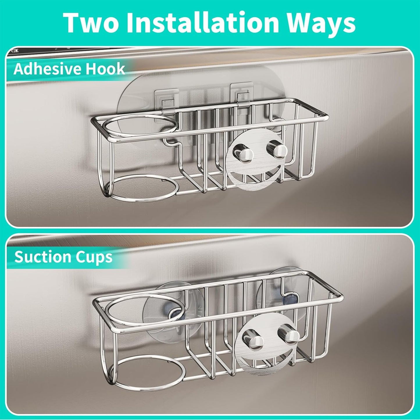 4 in 1 Sink Caddy Sponge Holder, SUS304 Stainless Steel Kitchen Brush Holder and Dish Cloth Hanger, Kitchen Organizers and Storage Essentials - Silver