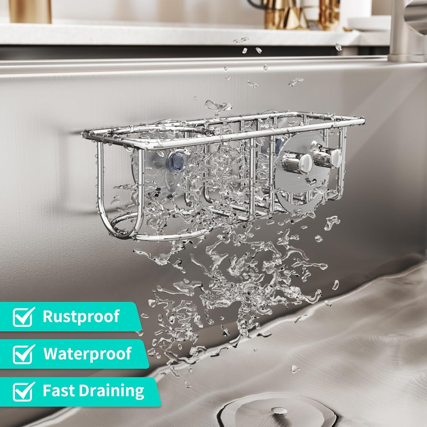 4 in 1 Sink Caddy Sponge Holder, SUS304 Stainless Steel Kitchen Brush Holder and Dish Cloth Hanger, Kitchen Organizers and Storage Essentials - Silver