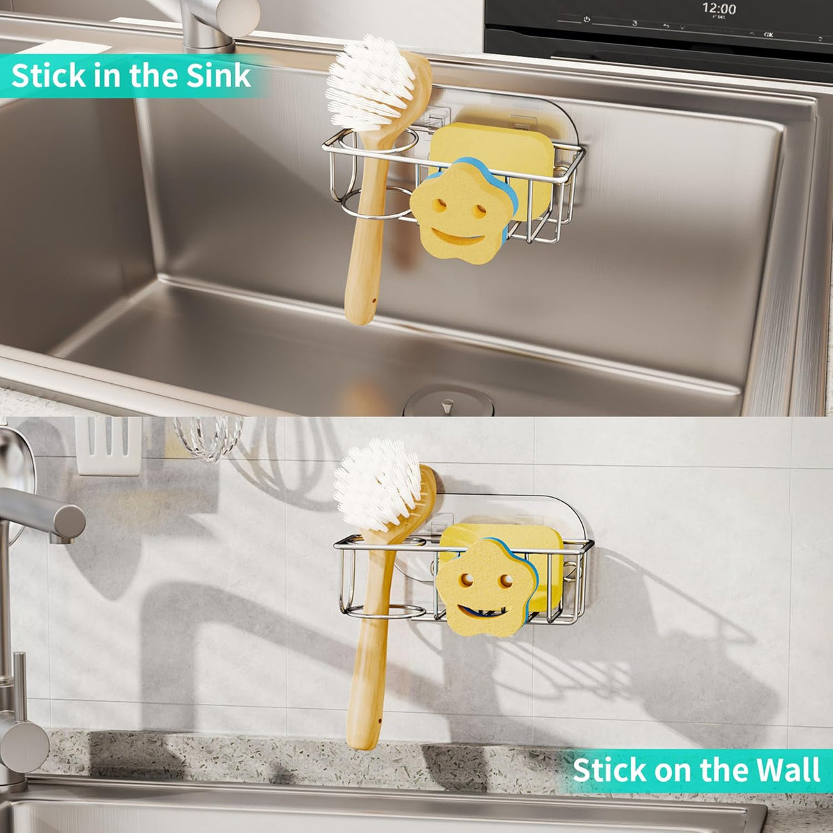 4 in 1 Sink Caddy Sponge Holder, SUS304 Stainless Steel Kitchen Brush Holder and Dish Cloth Hanger, Kitchen Organizers and Storage Essentials - Silver
