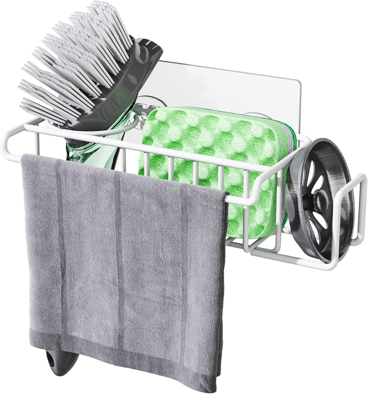4 in 1 Sink Caddy Sponge Holder, SUS304 Stainless Steel Kitchen Brush Holder and Dish Cloth Hanger, Kitchen Organizers and Storage Essentials - Silver