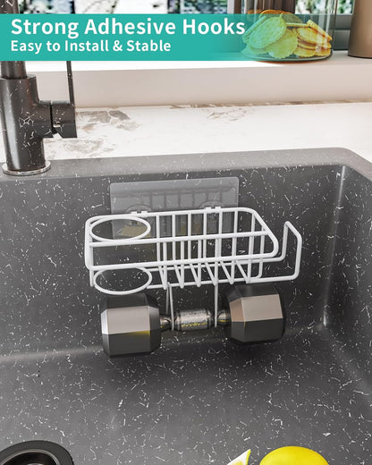 4 in 1 Sink Caddy Sponge Holder, SUS304 Stainless Steel Kitchen Brush Holder and Dish Cloth Hanger, Kitchen Organizers and Storage Essentials - Silver