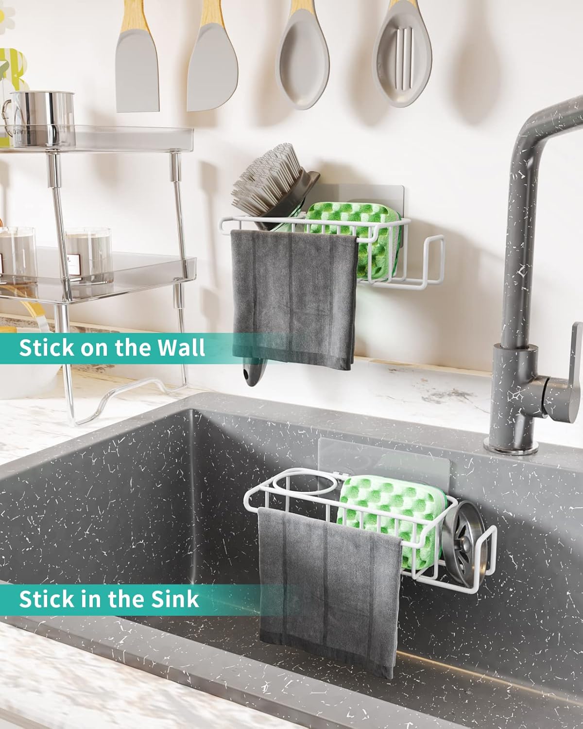 4 in 1 Sink Caddy Sponge Holder, SUS304 Stainless Steel Kitchen Brush Holder and Dish Cloth Hanger, Kitchen Organizers and Storage Essentials - Silver