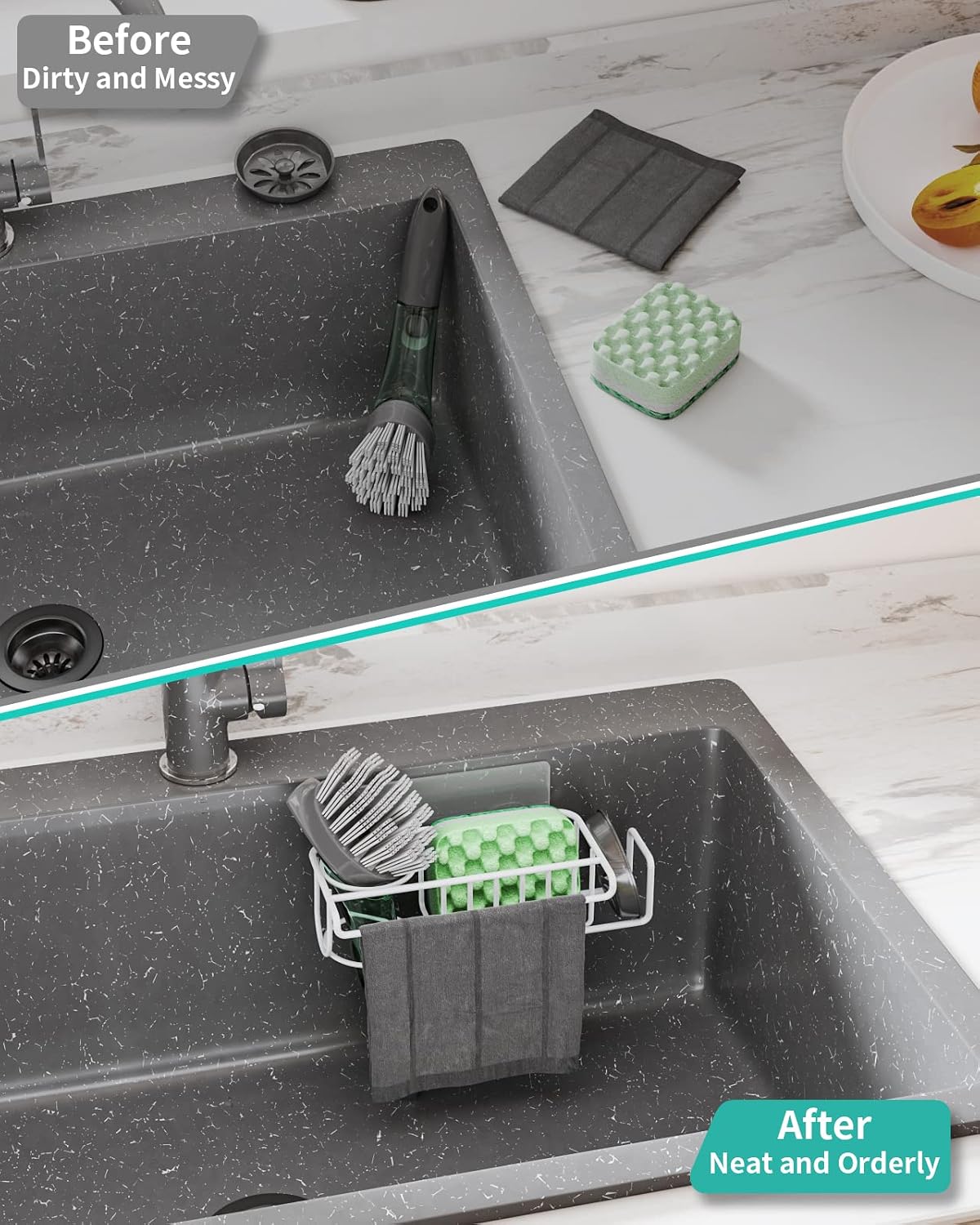4 in 1 Sink Caddy Sponge Holder, SUS304 Stainless Steel Kitchen Brush Holder and Dish Cloth Hanger, Kitchen Organizers and Storage Essentials - Silver