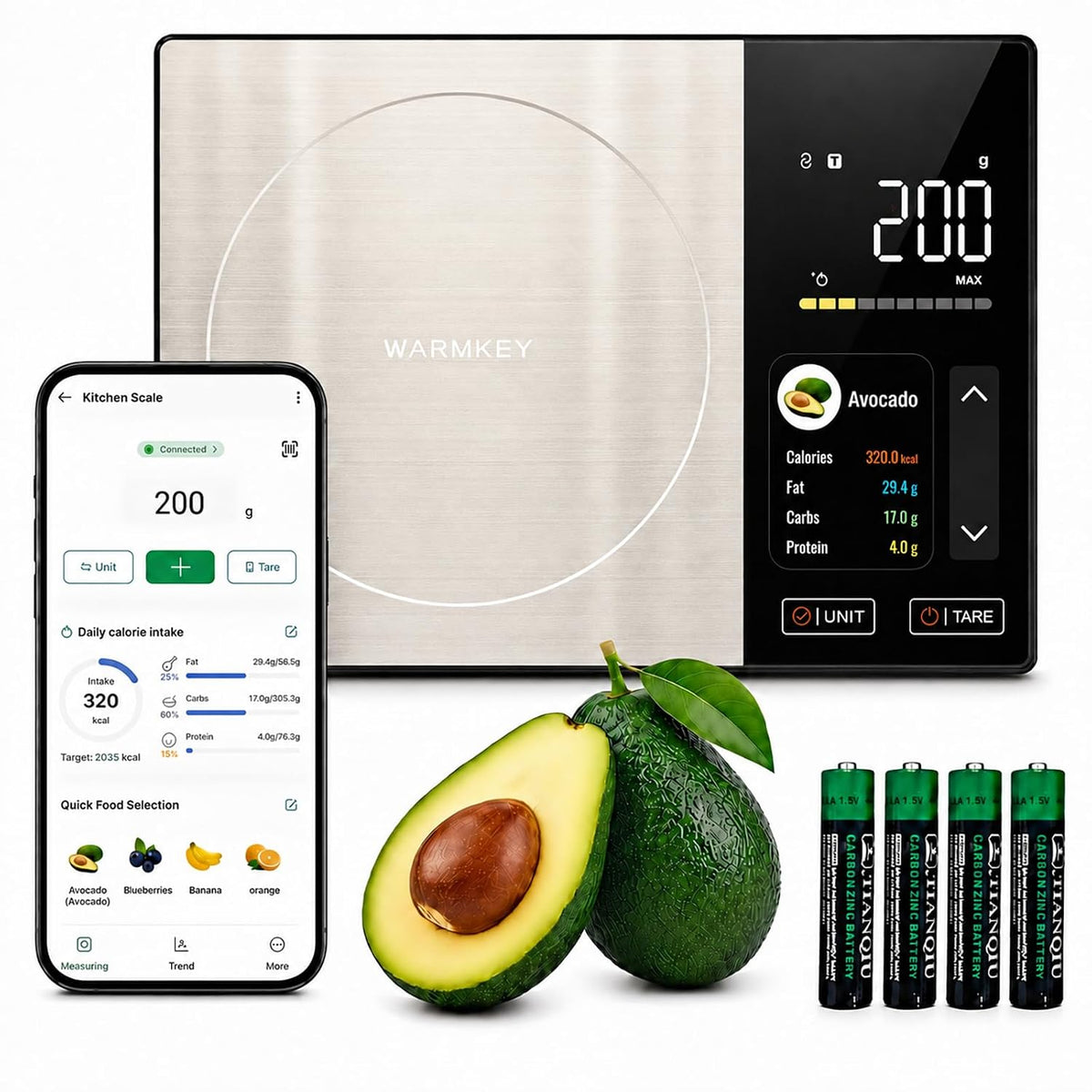 Smart Nutrition Food Scale with TFT Display & App, Calorie Counter & Nutrition Calculator, Tracks Protein, Carbs & Fat, 50 Built-in Foods, 24 Nutrients, 1g Digital Kitchen Scale for Meal Prep