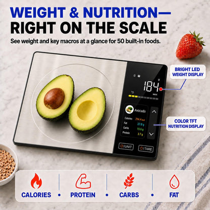 Smart Nutrition Food Scale with TFT Display & App, Calorie Counter & Nutrition Calculator, Tracks Protein, Carbs & Fat, 50 Built-in Foods, 24 Nutrients, 1g Digital Kitchen Scale for Meal Prep