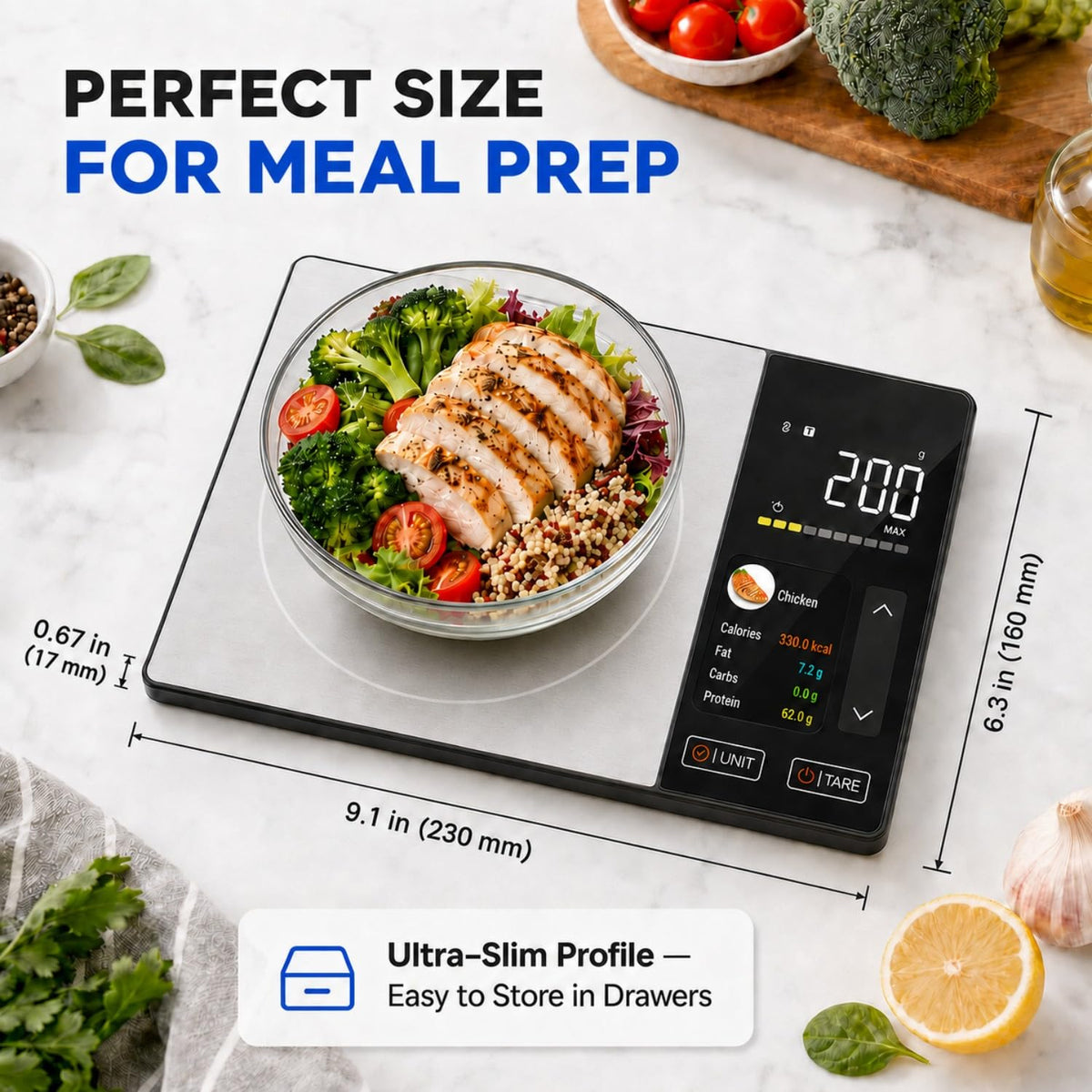 Smart Nutrition Food Scale with TFT Display & App, Calorie Counter & Nutrition Calculator, Tracks Protein, Carbs & Fat, 50 Built-in Foods, 24 Nutrients, 1g Digital Kitchen Scale for Meal Prep