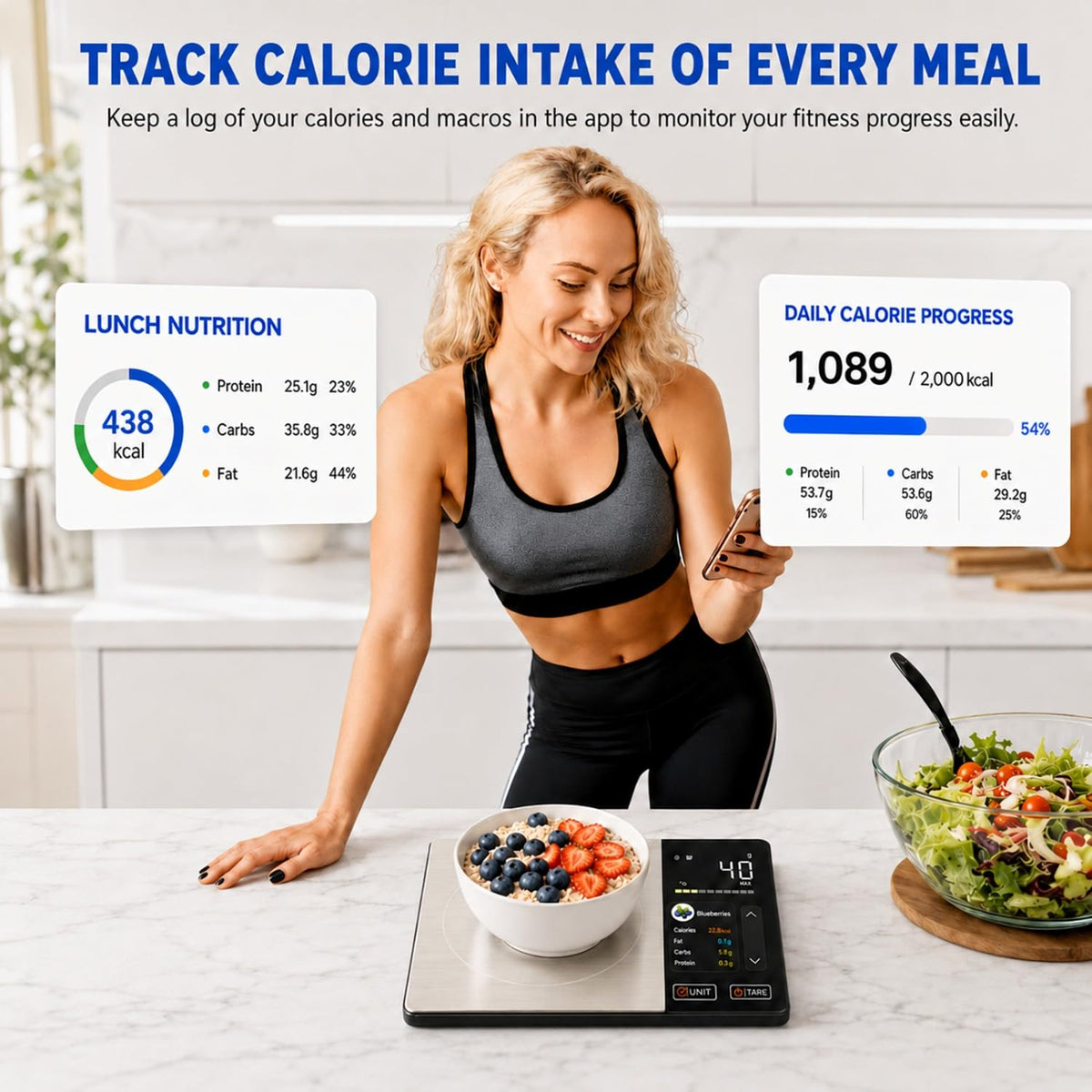 Smart Nutrition Food Scale with TFT Display & App, Calorie Counter & Nutrition Calculator, Tracks Protein, Carbs & Fat, 50 Built-in Foods, 24 Nutrients, 1g Digital Kitchen Scale for Meal Prep