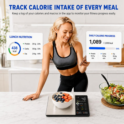 Smart Nutrition Food Scale with TFT Display & App, Calorie Counter & Nutrition Calculator, Tracks Protein, Carbs & Fat, 50 Built-in Foods, 24 Nutrients, 1g Digital Kitchen Scale for Meal Prep