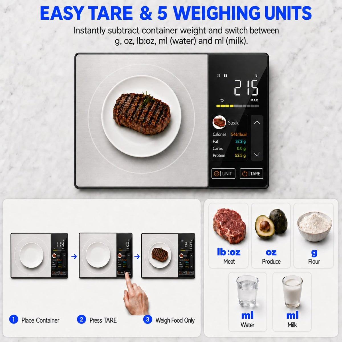Smart Nutrition Food Scale with TFT Display & App, Calorie Counter & Nutrition Calculator, Tracks Protein, Carbs & Fat, 50 Built-in Foods, 24 Nutrients, 1g Digital Kitchen Scale for Meal Prep