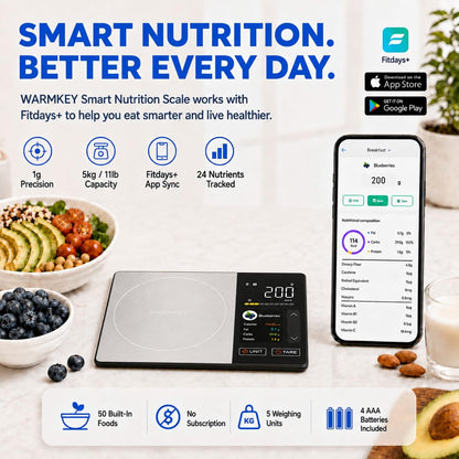 Smart Nutrition Food Scale with TFT Display & App, Calorie Counter & Nutrition Calculator, Tracks Protein, Carbs & Fat, 50 Built-in Foods, 24 Nutrients, 1g Digital Kitchen Scale for Meal Prep