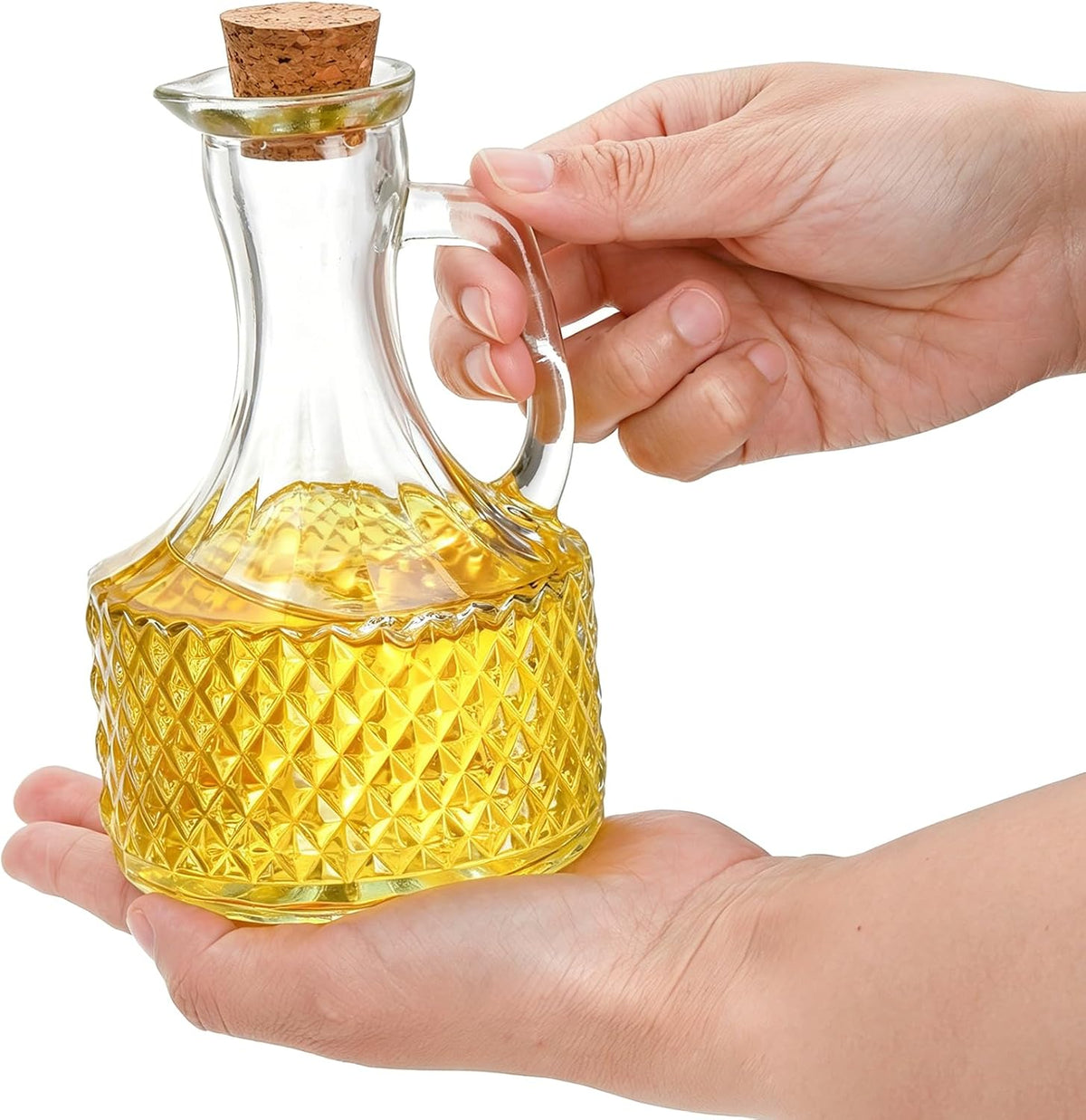 4 Pack Glass Oil and Vinegar Cruets Bottles, 13.5 Ounce Glass Olive Oil Dispenser Bottle with Handle and Cork, Soy Sauce Salad Dressing Syrup Liquid Dispenser for Kitchen