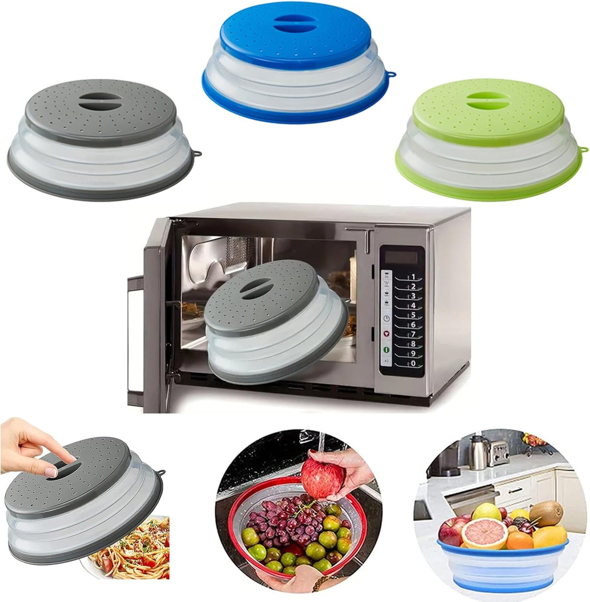 Microwave Splatter Cover Vented for Food, Splatter Guard & Colander Kitchen Gadget for Fruit Vegetables Microwave Plate Cover with Hook Hole,Dishwasher-Safe,BPA-Free Silicone & Plastic