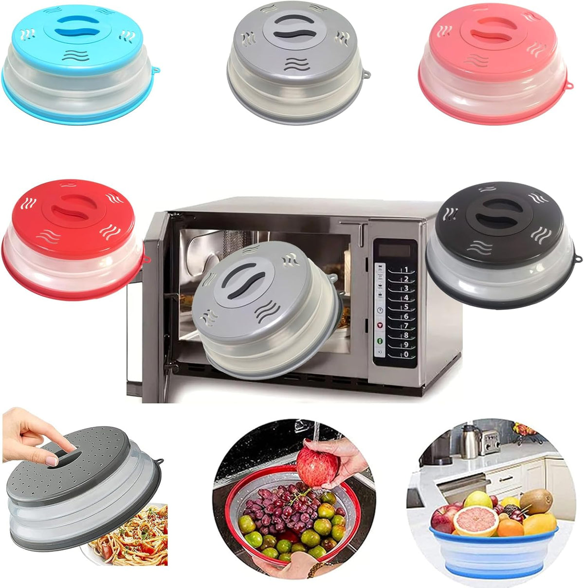 Microwave Splatter Cover Vented for Food, Splatter Guard & Colander Kitchen Gadget for Fruit Vegetables Microwave Plate Cover with Hook Hole,Dishwasher-Safe,BPA-Free Silicone & Plastic