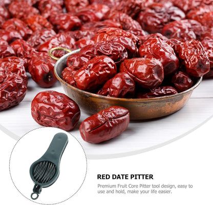 Fruit Core Removing Tool and Cherry Pitter Slicer, Portable Green Red Date Pitter with Seed Remover, Kitchen Gadget for Fruit Coring and Slicing