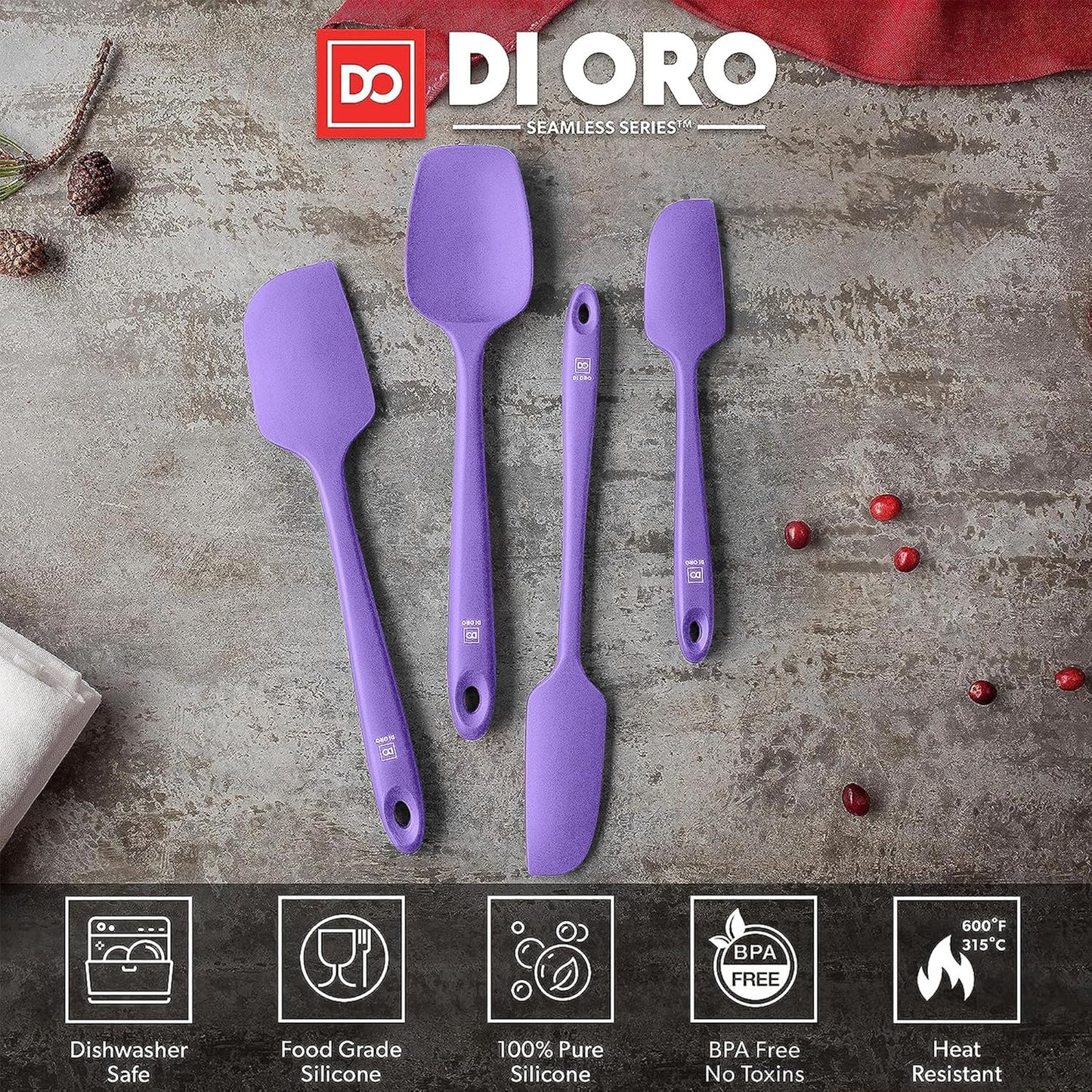DI ORO Silicone Spatula Set - Rubber Kitchen Spatulas for Baking, Cooking, & Mixing - 600°F Heat-Resistant & BPA Free Silicone Scraper Spatulas for Nonstick Cookware - Dishwasher Safe (4pc, Black)