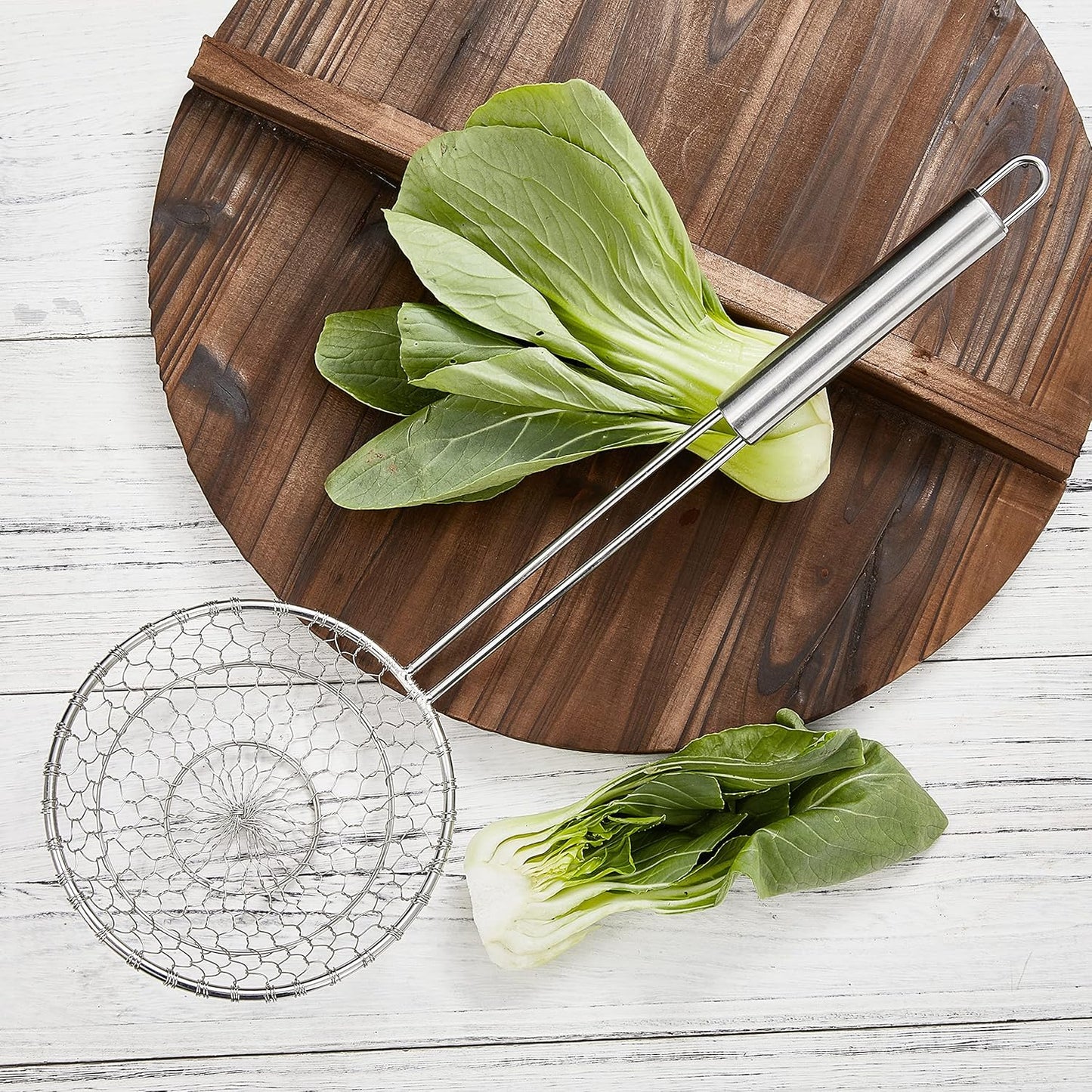 Stainless Steel Spider Strainer Asian Kitchen Wire Food Cooking Skimmer With Natural Bamboo Handle, 6-Inch, Hand-Made