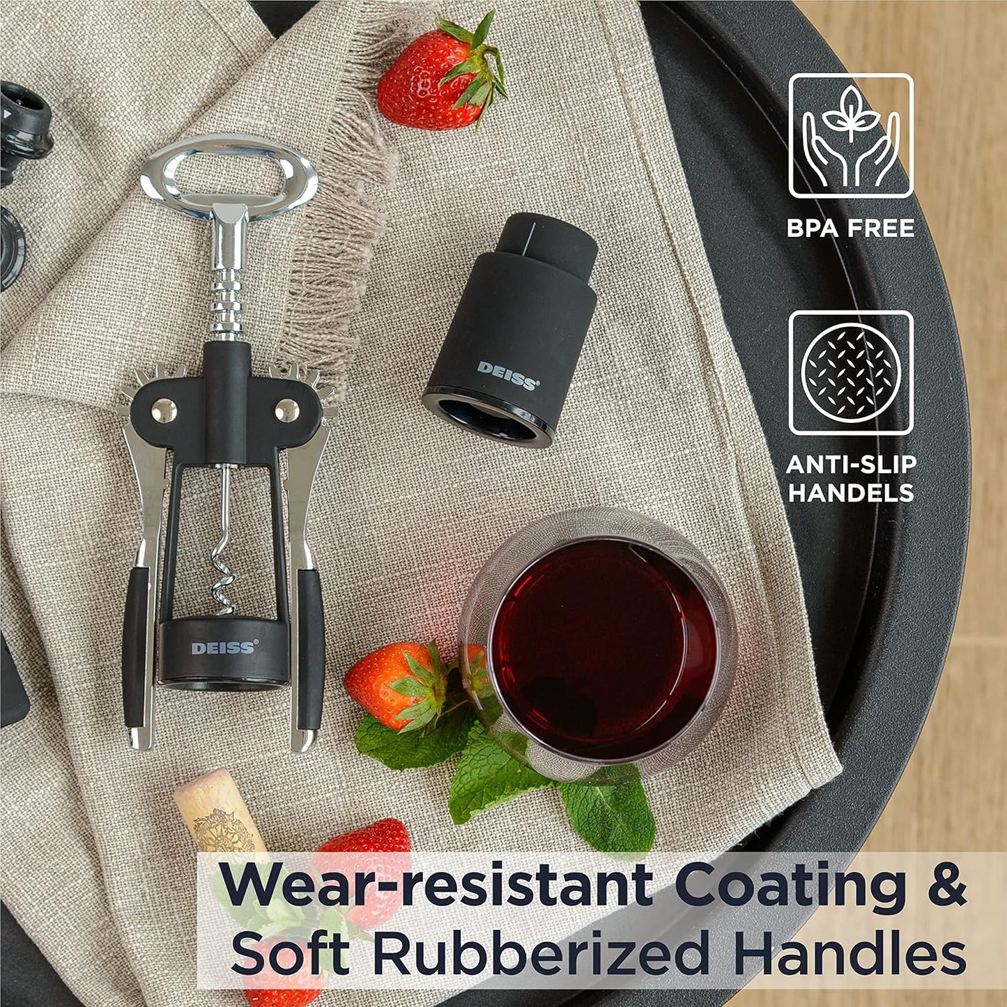Deiss PRO Wing Corkscrew Wine Opener - 2 in 1 Wine Corkscrew and Beer Opener - The Easiest Way to Open Wine Bottle Corks - Reliable and Sturdy Wine Opener - Wine Bottle Opener