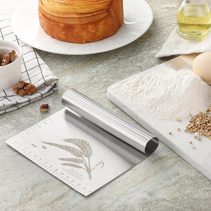 2PCS Dough Pastry Bench Cutter Scraper, OLULU Stainless Steel Kitchen Food Scraper with Protective Cover, Anti-Wear Laser-Engraved Measuring Scale and Ear Of Wheat, Dishwasher Safe (2Pack, 6 inch)