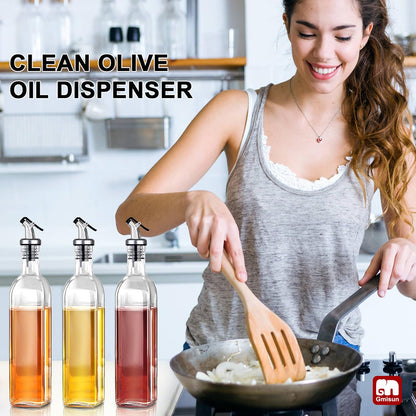 gmisun Olive Oil Dispenser for Kitchen, 4 Pack 17 fl oz Glass Oil Dispensers Bottle, Cooking Soy Sauce Bottle Container Cruet with Plastic Pourer Spout, Funnel and Labels, Clear