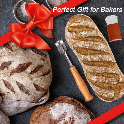 EROIR 13" Danish Dough Whisk Bread Lame Bowl Scraper Set - Dutch Sourdough Whisk Double Eye, Dough Scraper, Bread Scorer with 10 Blades and Leather Cover