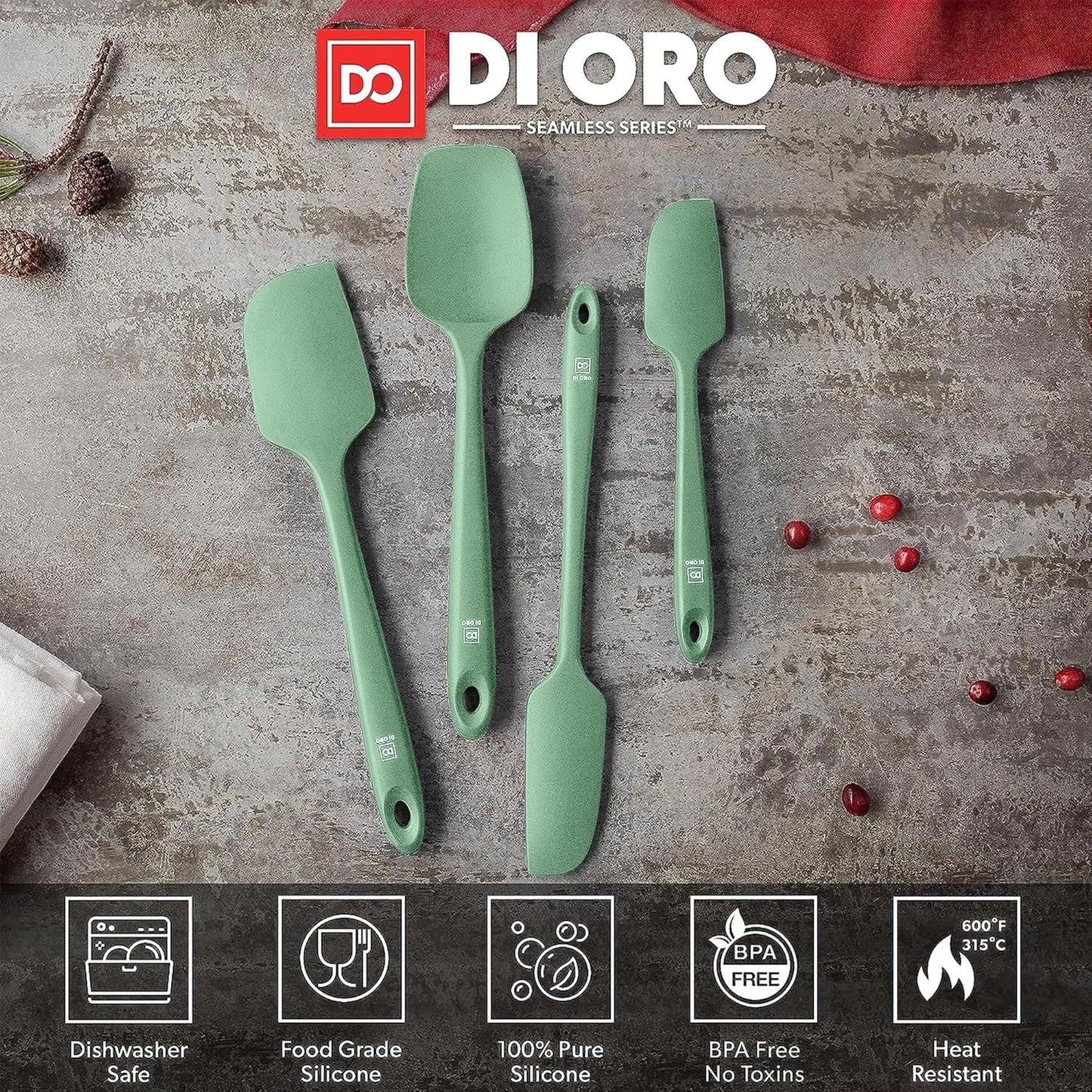 DI ORO Silicone Spatula Set - Rubber Kitchen Spatulas for Baking, Cooking, & Mixing - 600°F Heat-Resistant & BPA Free Silicone Scraper Spatulas for Nonstick Cookware - Dishwasher Safe (4pc, Black)