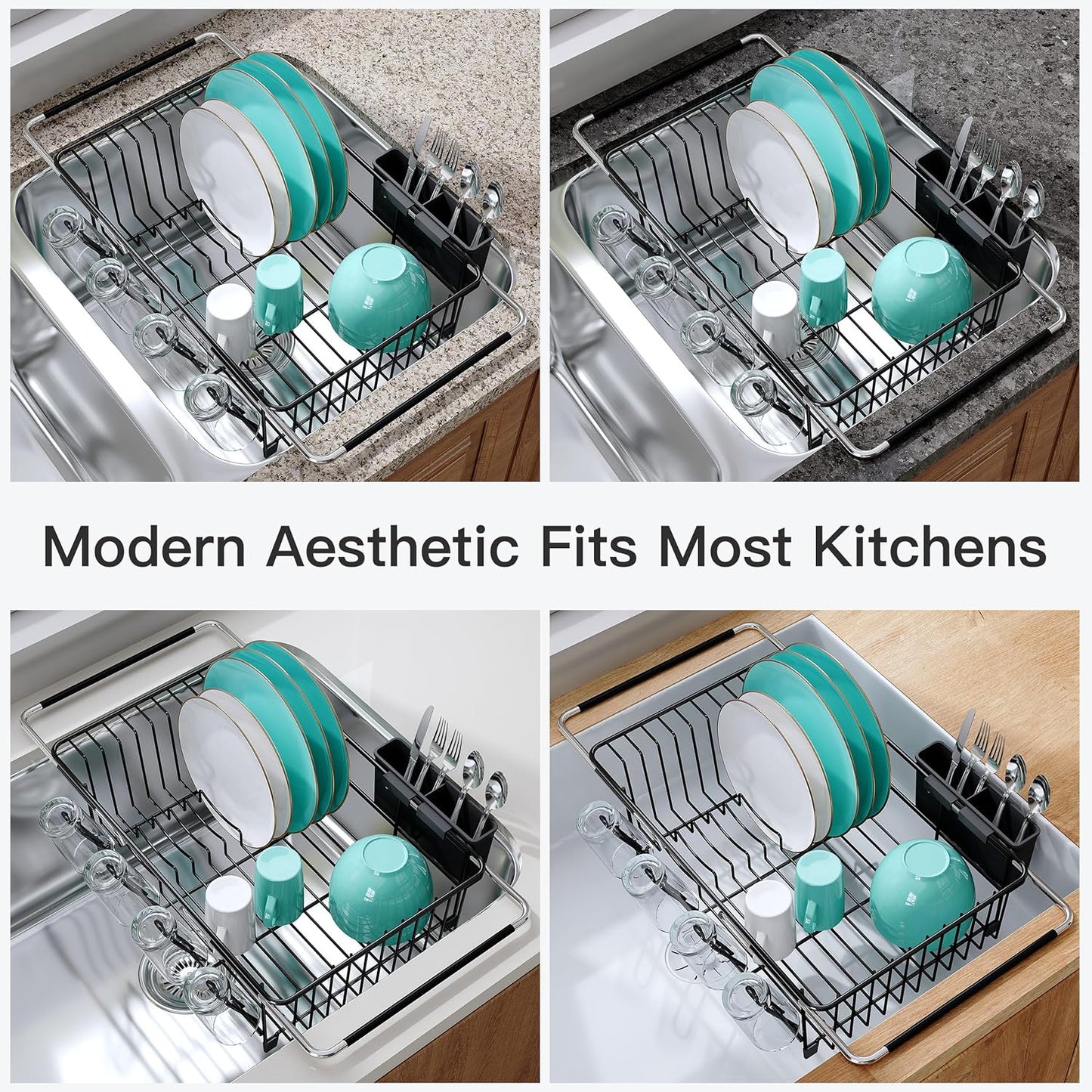 JASIWAY Roll Up Dish Drying Rack, Expandable (12.8"-23.8" D x 12.8" W) Stainless Steel Portable Drainer for Kitchen Sink Counter, Foldable Over The Sink Cover with Removable Utensil Holder
