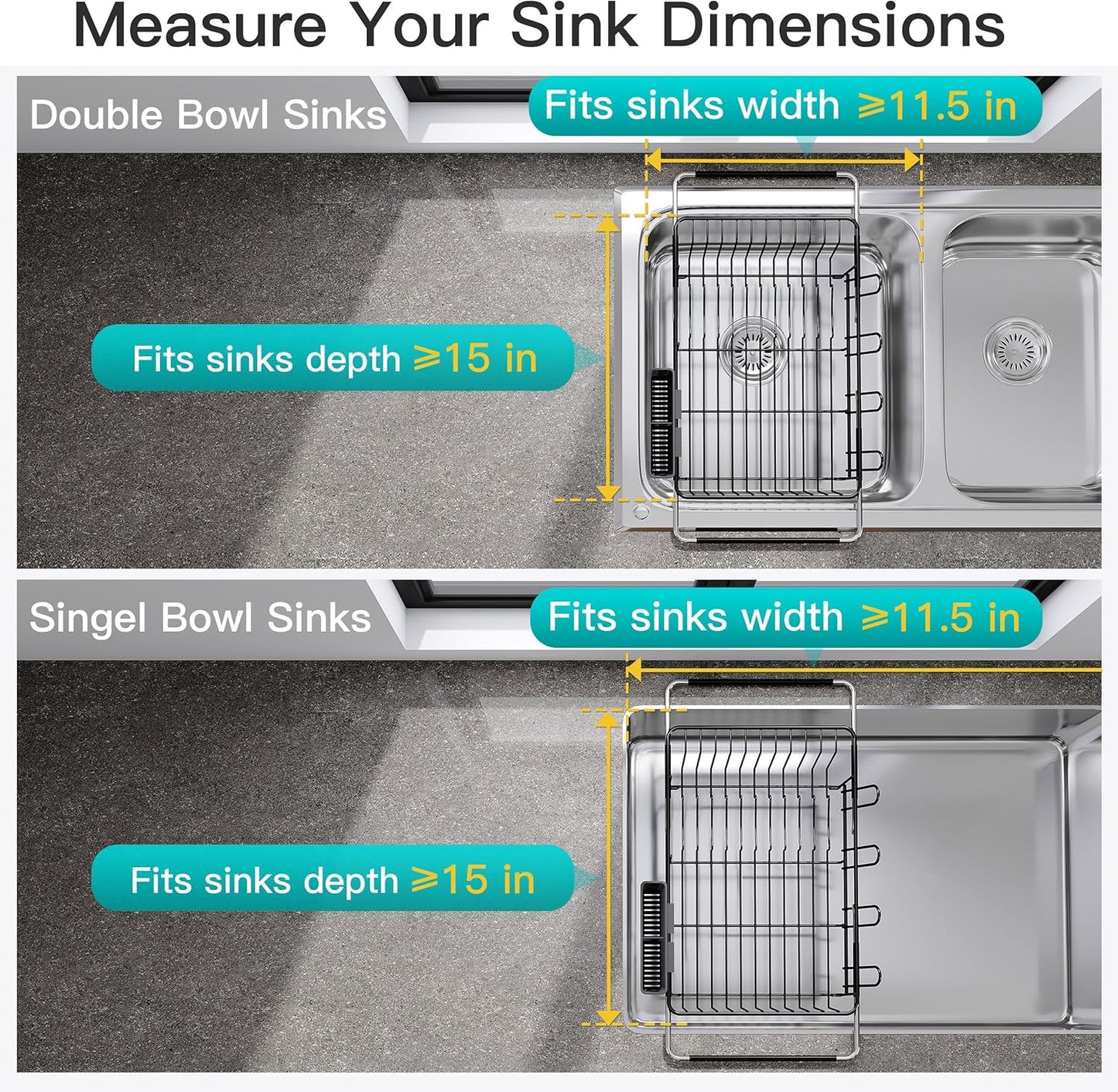 JASIWAY Roll Up Dish Drying Rack, Expandable (12.8"-23.8" D x 12.8" W) Stainless Steel Portable Drainer for Kitchen Sink Counter, Foldable Over The Sink Cover with Removable Utensil Holder